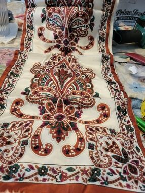 Vintage-Inspired Floral Paisley Scarf in Cream, Rust & Teal 100% Silk